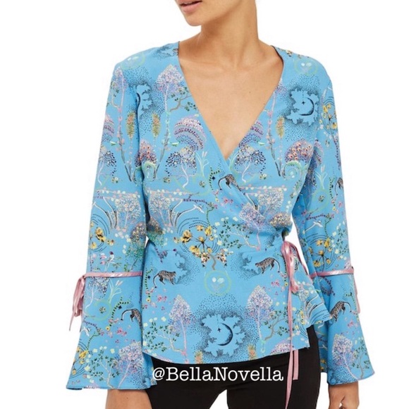 🔴 TOPSHOP Magical Leopard Print Wrap Top sz 6 US Blue - Picture 9 of 12